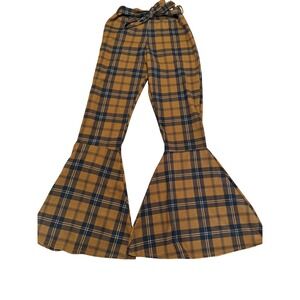 VTG Y2K Vamp Brown Plaid High Waisted Bell Bottom Pants w/ Tie Belt Small USA
